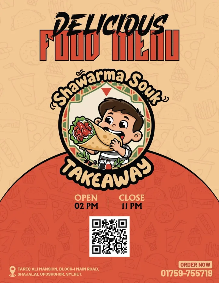 Shawarma Souk flyer cover with opening hours and QR code
