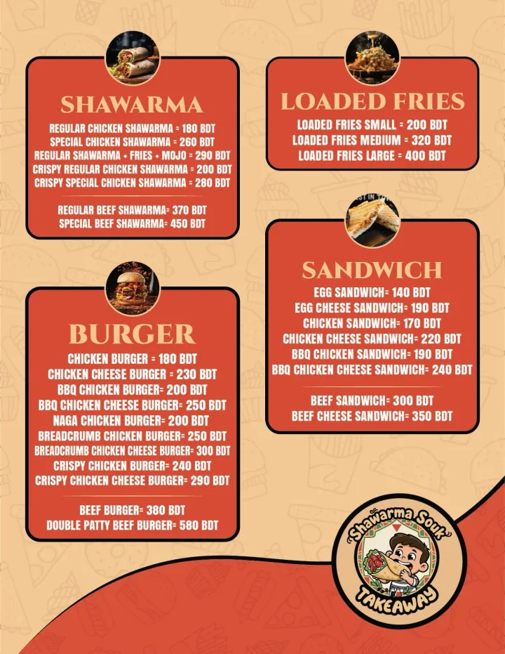 Printed menu page: shawarma, loaded fries, burgers and sandwiches