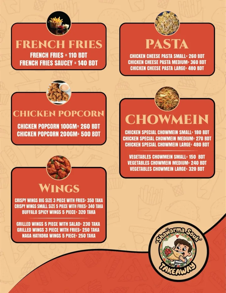 Printed menu page: fries, pasta, chicken popcorn, chowmein and wings